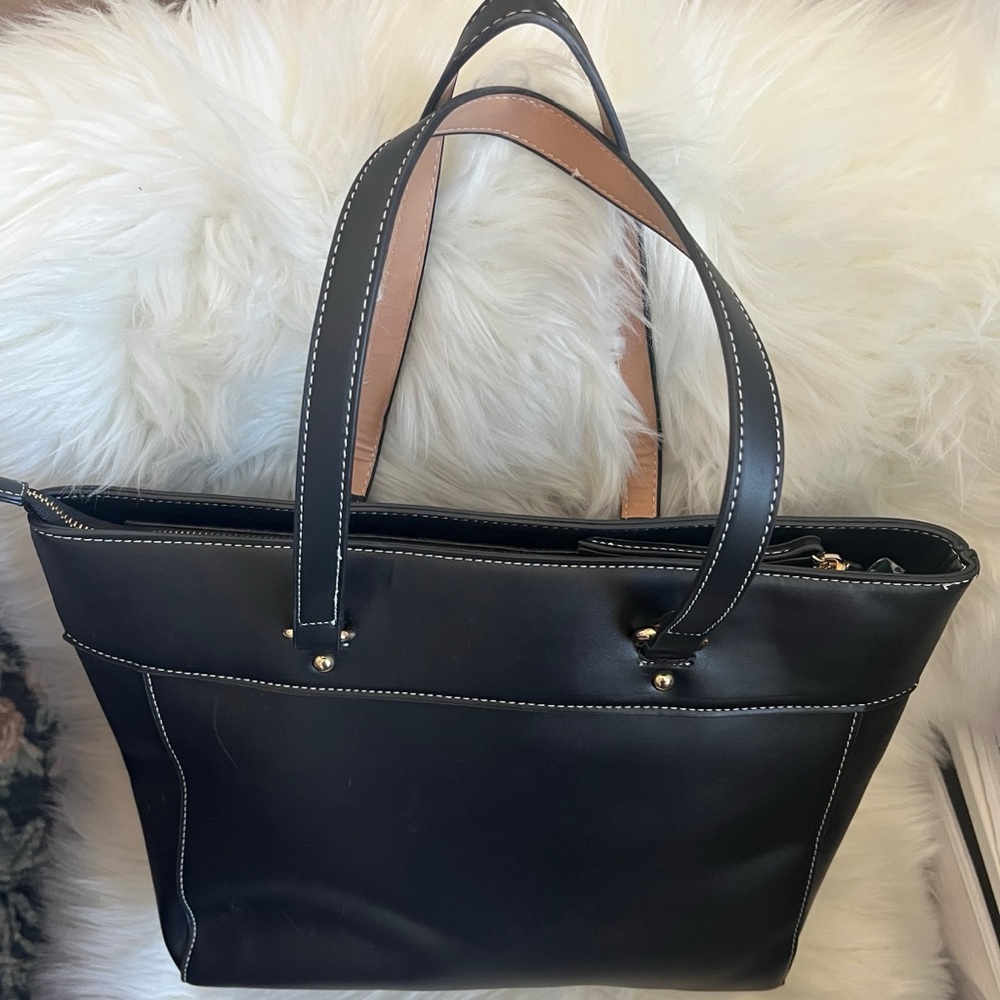 MK-Inspired Unbranded Black Leather Tote Bag with contrast stitching 13x11x5 EUC - Picture 2 of 8